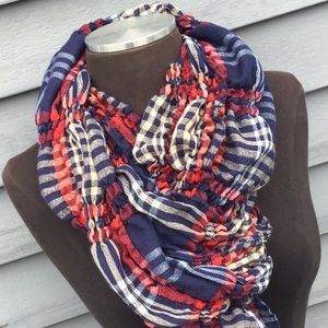 Red, Tan, & Blue Long Gathered Fringed Scarf